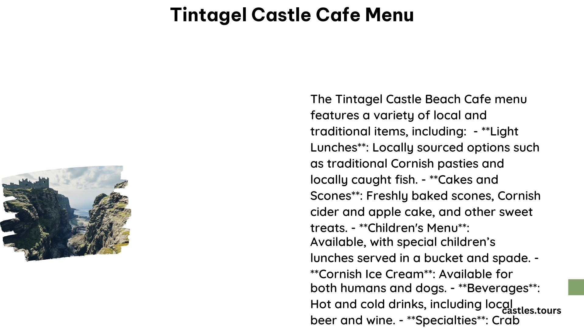 Tintagel Castle Cafe Menu