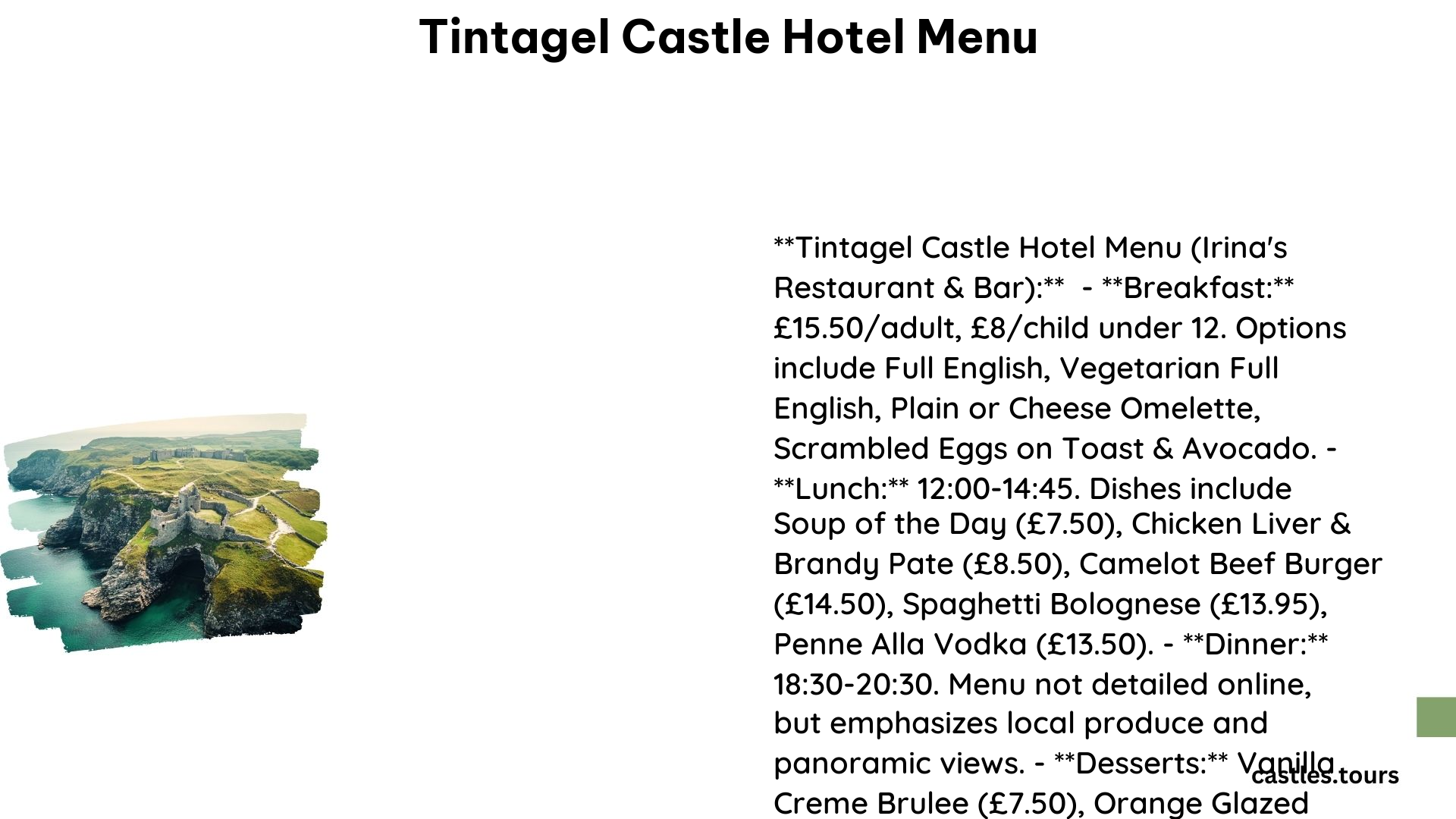 Tintagel Castle Hotel Menu